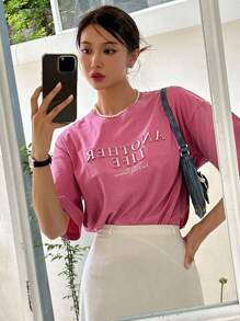 DAZY Camiseta de hombros caídos con estampado de letra - Rosa Fucsia - Ver 6