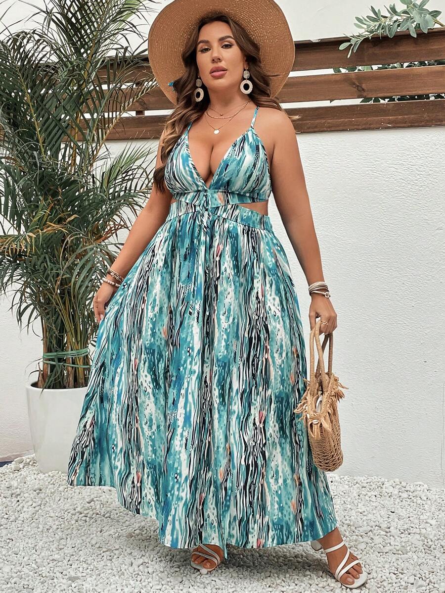 SHEIN VCAY Plus Allover Print Crisscross Backless Cami Dress - Multicolor - View 1