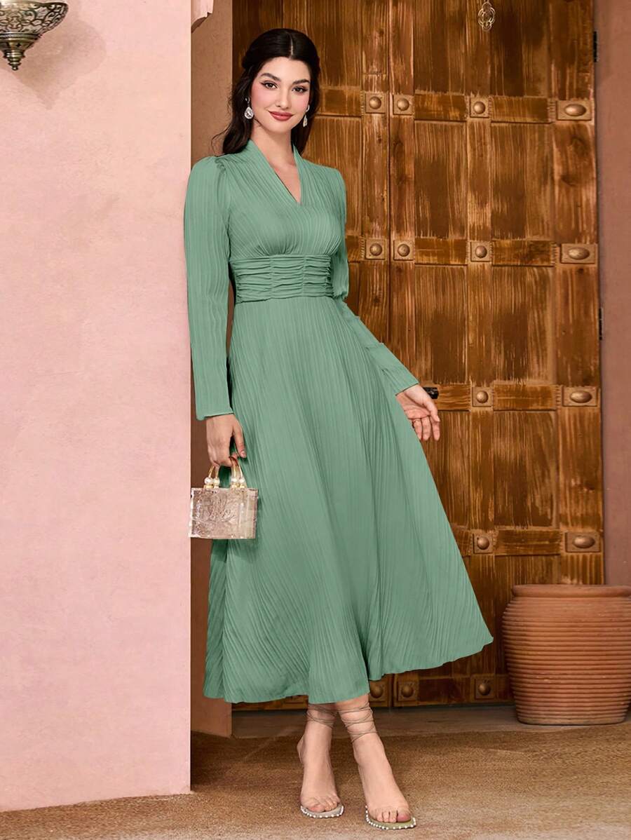 Modelyn Solid V Neck Ruched Waist Dress
