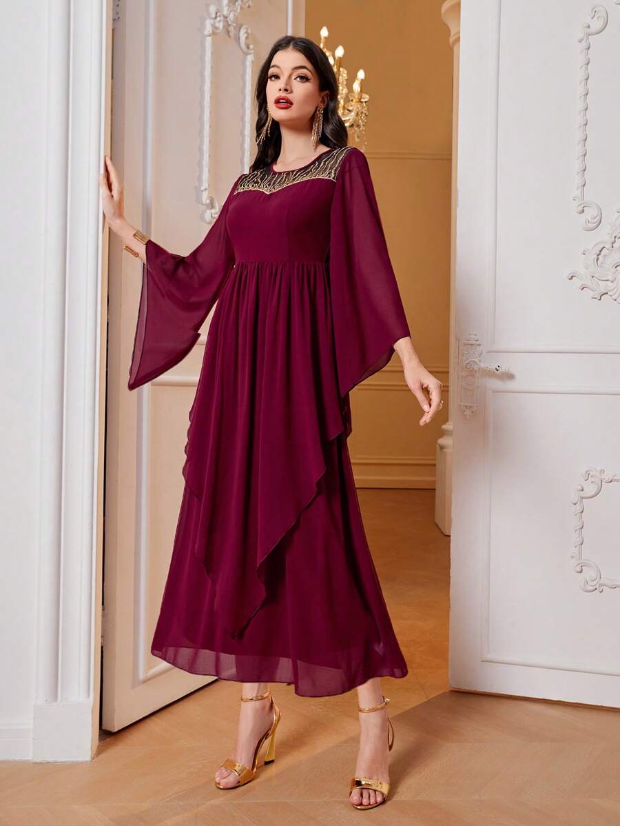 Al Najma 拼接網紗刺繡荷葉邊喇叭袖連衣裙 - 酒紅色 - 查看 1