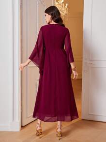 Al Najma 拼接網紗刺繡荷葉邊喇叭袖連衣裙 - 酒紅色 - 查看 2