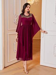 Al Najma 拼接網紗刺繡荷葉邊喇叭袖連衣裙 - 酒紅色 - 查看 4
