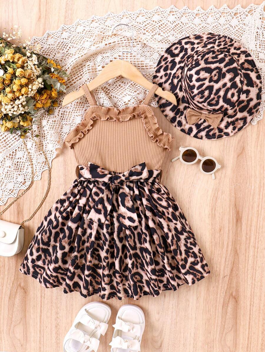 SHEIN Young Girl Leopard Print Ruffle Trim Dress & Hat Summer Holiday - Multicolor - View 1