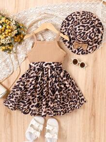 SHEIN Young Girl Leopard Print Ruffle Trim Dress & Hat Summer Holiday - Multicolor - View 2