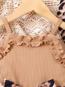 SHEIN Young Girl Leopard Print Ruffle Trim Dress & Hat Summer Holiday - Multicolor - View 5