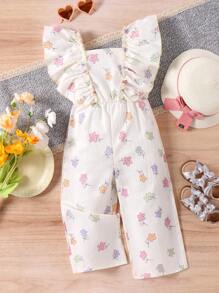 SHEIN Young Girl Floral Print Ruffle Trim Square Neck Jumpsuit - White - View 1