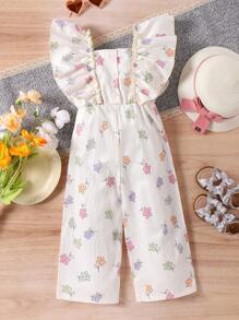 SHEIN Young Girl Floral Print Ruffle Trim Square Neck Jumpsuit - White - View 2