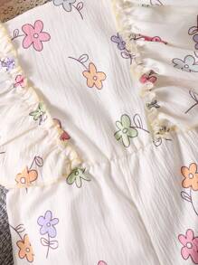 SHEIN Young Girl Floral Print Ruffle Trim Square Neck Jumpsuit - White - View 4