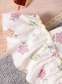 SHEIN Young Girl Floral Print Ruffle Trim Square Neck Jumpsuit - White - View 7