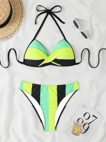SHEIN Swim 條紋扭結挺立夏季沙灘比基尼套裝 - 彩色 - 查看 3