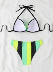 SHEIN Swim 條紋扭結挺立夏季沙灘比基尼套裝 - 彩色 - 查看 4