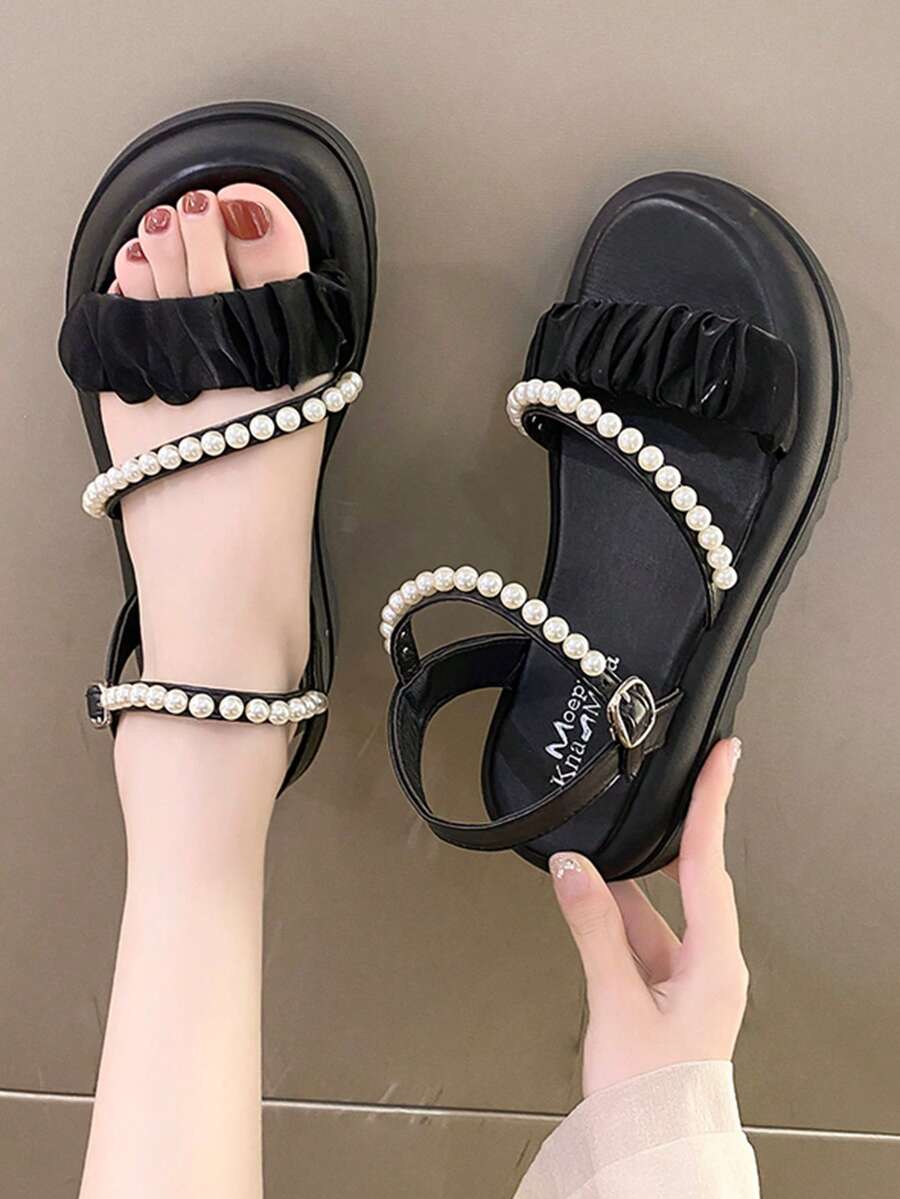 Women Faux Pearl Decor Ruched Flatform Sandals, Mesh Slingback Wedge Sandals - Black - View 1