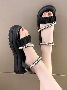 Women Faux Pearl Decor Ruched Flatform Sandals, Mesh Slingback Wedge Sandals - Black - View 2