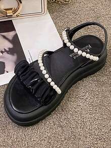 Women Faux Pearl Decor Ruched Flatform Sandals, Mesh Slingback Wedge Sandals - Black - View 3