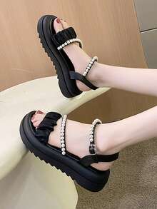 Women Faux Pearl Decor Ruched Flatform Sandals, Mesh Slingback Wedge Sandals - Black - View 4