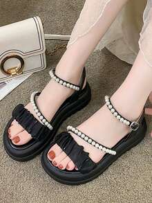 Women Faux Pearl Decor Ruched Flatform Sandals, Mesh Slingback Wedge Sandals - Black - View 6