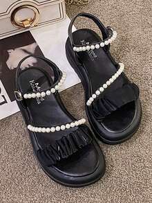 Women Faux Pearl Decor Ruched Flatform Sandals, Mesh Slingback Wedge Sandals - Black - View 7