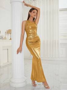 Vestido de vestir de espalda abierta bajo sirena halter - Amarillo - Ver 6