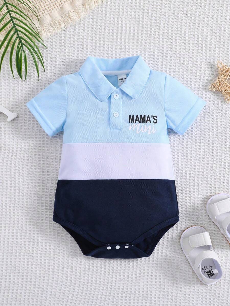 SHEIN Playful Pals 男婴夏季休闲字母印花撞色 Polo 领连体衣