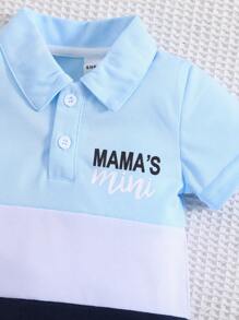 SHEIN Playful Pals 男婴夏季休闲字母印花撞色 Polo 领连体衣