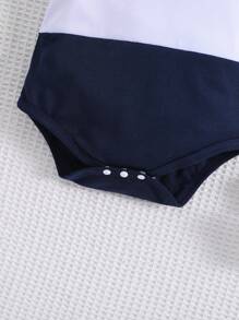 SHEIN Playful Pals 男婴夏季休闲字母印花撞色 Polo 领连体衣