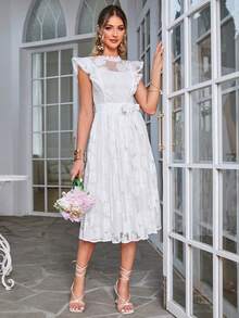 Simplee 花卉刺繡網紗覆蓋繫腰帶連衣裙 - 白色 - 查看 3