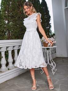 Simplee 花卉刺繡網紗覆蓋繫腰帶連衣裙 - 白色 - 查看 4