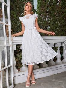 Simplee 花卉刺繡網紗覆蓋繫腰帶連衣裙 - 白色 - 查看 6