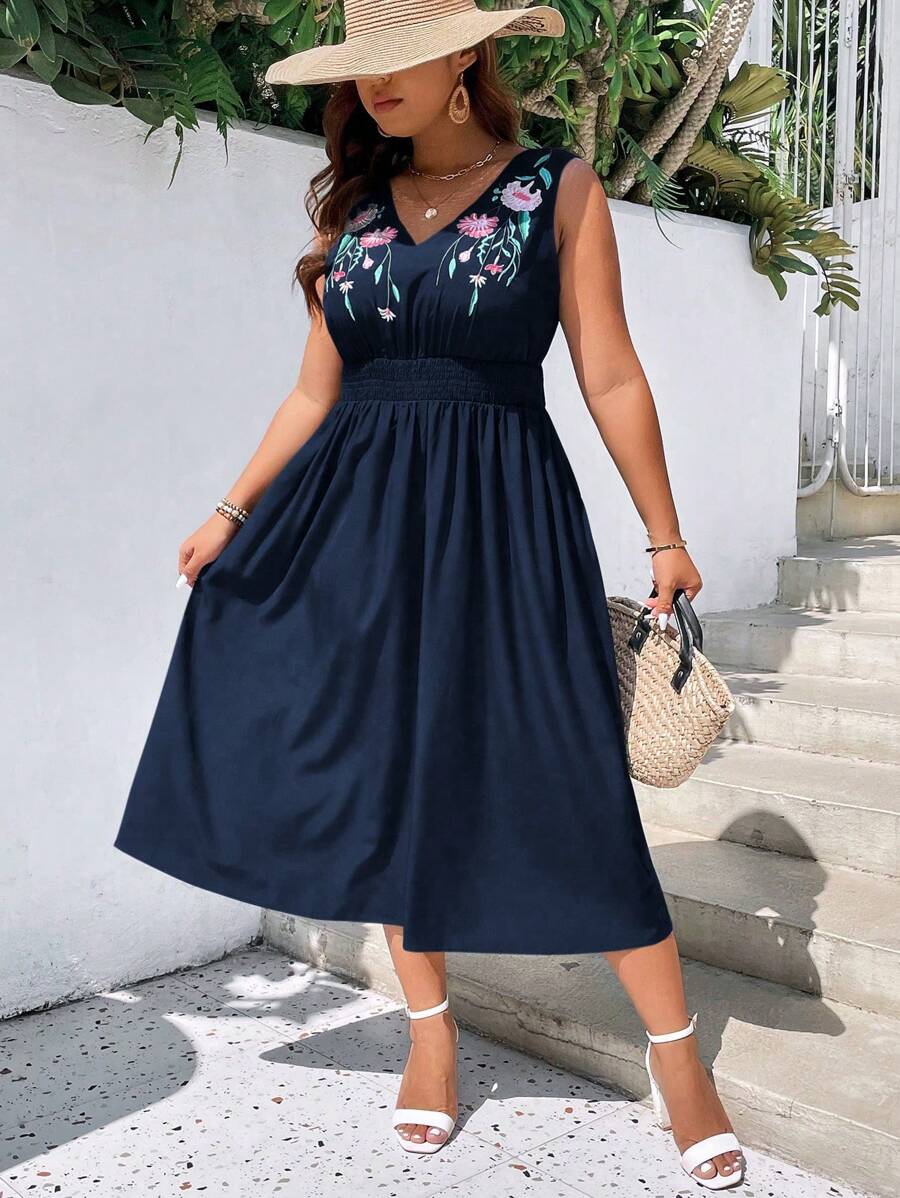 SHEIN Clasi Đầm Plus Size Thêu Dải chun Hoa Boho - Xanh đậm - Xem 1