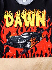 SHEIN 小男童汽車和字母圖案T恤和運動褲和帽 - 黑色 - 查看 8