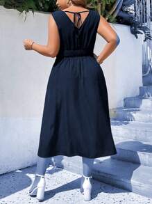 SHEIN Clasi Đầm Plus Size Thêu Dải chun Hoa Boho - Xanh đậm - Xem 2