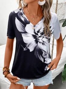 SHEIN LUNE 印花V領T恤 - 黑與白 - 查看 3