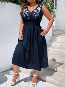 SHEIN Clasi Đầm Plus Size Thêu Dải chun Hoa Boho - Xanh đậm - Xem 3