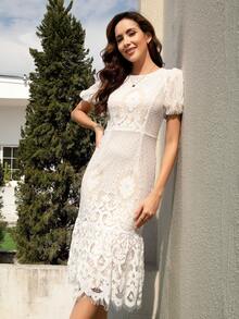 Đầm Viên lá sen Dây kéo màu trơn Thanh lịch - Màu be - Xem 3