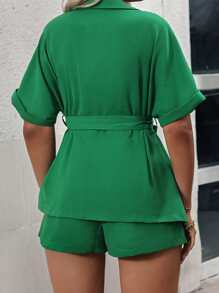 SHEIN LUNE Plus Lapel Neck Batwing Sleeve Blouse & Shorts - Green - View 2