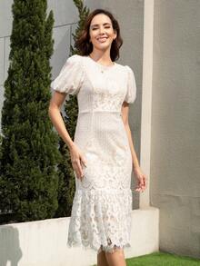 Đầm Viên lá sen Dây kéo màu trơn Thanh lịch - Màu be - Xem 6