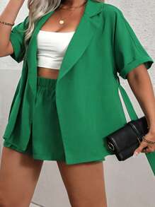 SHEIN LUNE Plus Lapel Neck Batwing Sleeve Blouse & Shorts - Green - View 5