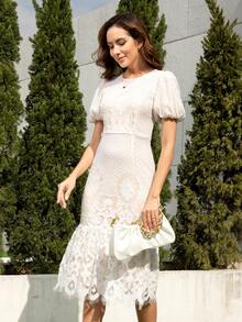 Đầm Viên lá sen Dây kéo màu trơn Thanh lịch - Màu be - Xem 7