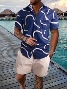 Manfinity RSRT Men Graphic Print Patched Pocket Shirt & Drawstring Waist Shorts Without Tee - Multicolor - View 1