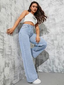 SHEIN ICON High Waist Wide Leg Jeans - Light Wash - View 3