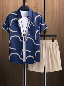 Manfinity RSRT Men Graphic Print Patched Pocket Shirt & Drawstring Waist Shorts Without Tee - Multicolor - View 4