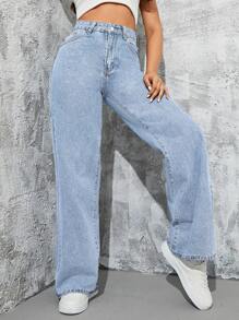 SHEIN ICON High Waist Wide Leg Jeans - Light Wash - View 5