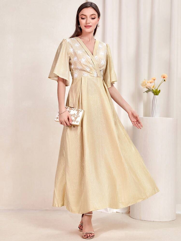 Floral Embroidery Butterfly Sleeve A-Line Dress Long Evening Dresses