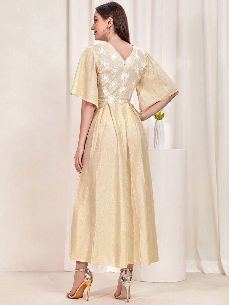 Floral Embroidery Butterfly Sleeve A-Line Dress Long Evening Dresses