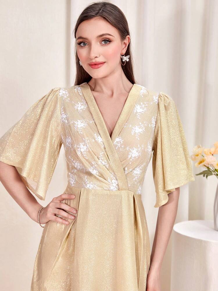 Floral Embroidery Butterfly Sleeve A-Line Dress Long Evening Dresses