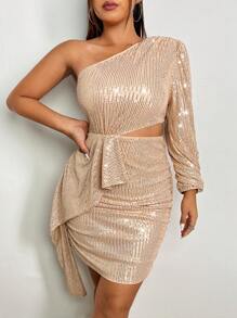 Allurite 大碼單肩鏤空垂墜亮片緊身洋裝 - 香檳色 - 查看 5