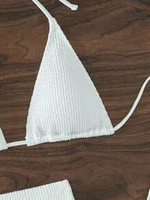 素色掛脖三角杯比基尼泳裝帶沙灘短褲 - 白色 - 查看 6