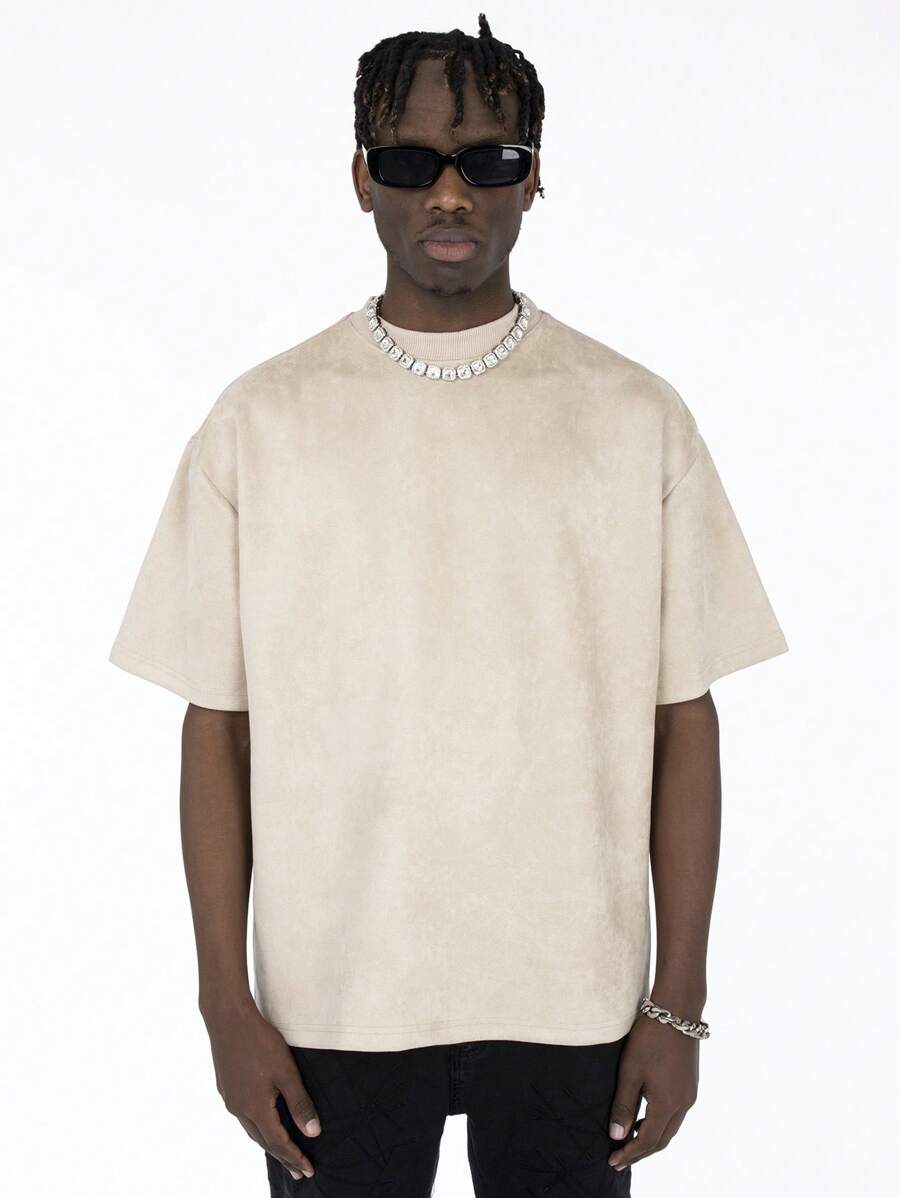 男士素色落肩T恤 - 米色 - 查看 1