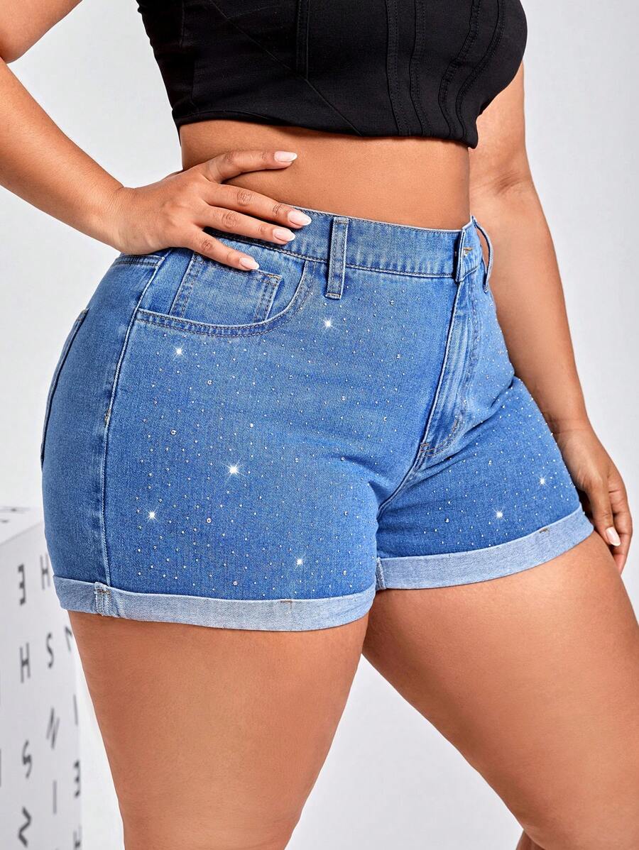 SHEIN SXY Plus High Waist Roll Up Hem Denim Shorts - Light Wash - View 1