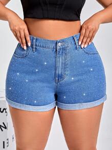 SHEIN SXY Plus High Waist Roll Up Hem Denim Shorts - Light Wash - View 4